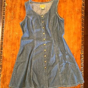 Vintage Sostanza denim tailored flare skirt snap-front tank dress w hip pocket